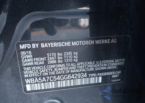 2016 BMW 528I xDrive из США, поврежденный, VIN WBA5A7C54GG642934